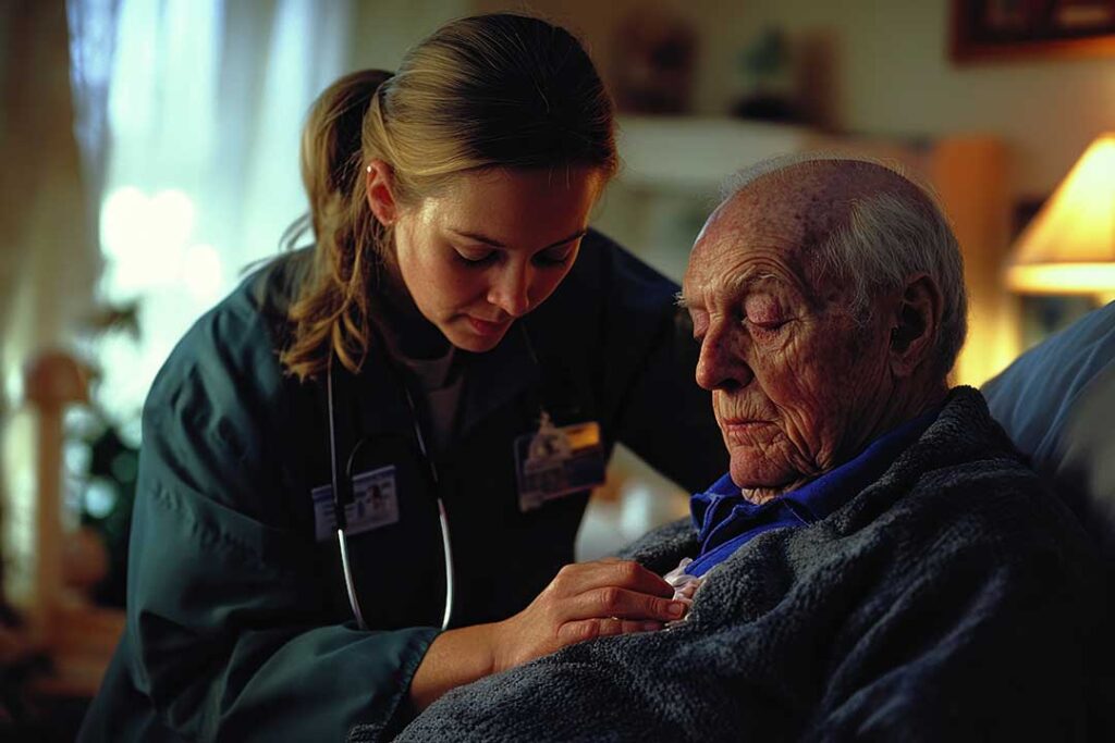 An older adult sits at a kitchen table with unopened mail, dishes piled in the sink, and a loved one gently talking with them.