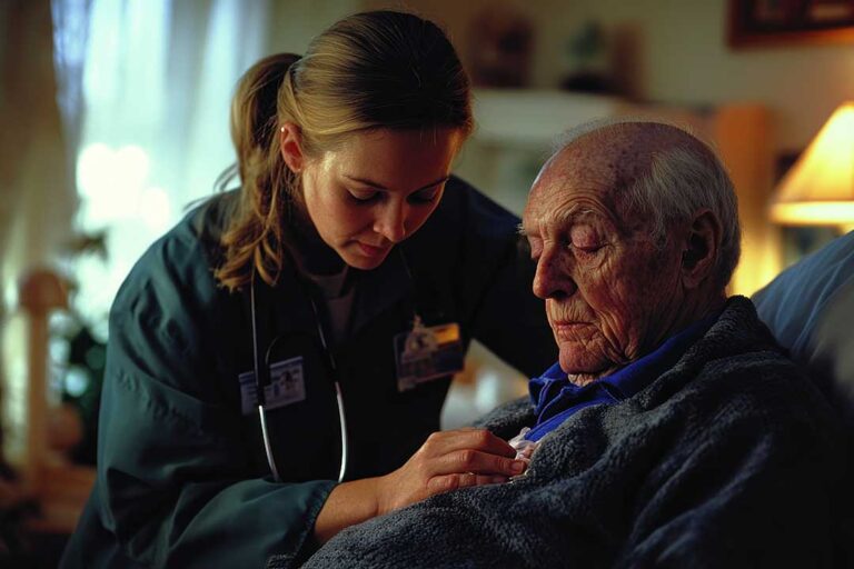 An older adult sits at a kitchen table with unopened mail, dishes piled in the sink, and a loved one gently talking with them.