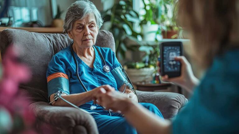 An older adult and a family member sitting together at a kitchen table, looking at family photos.